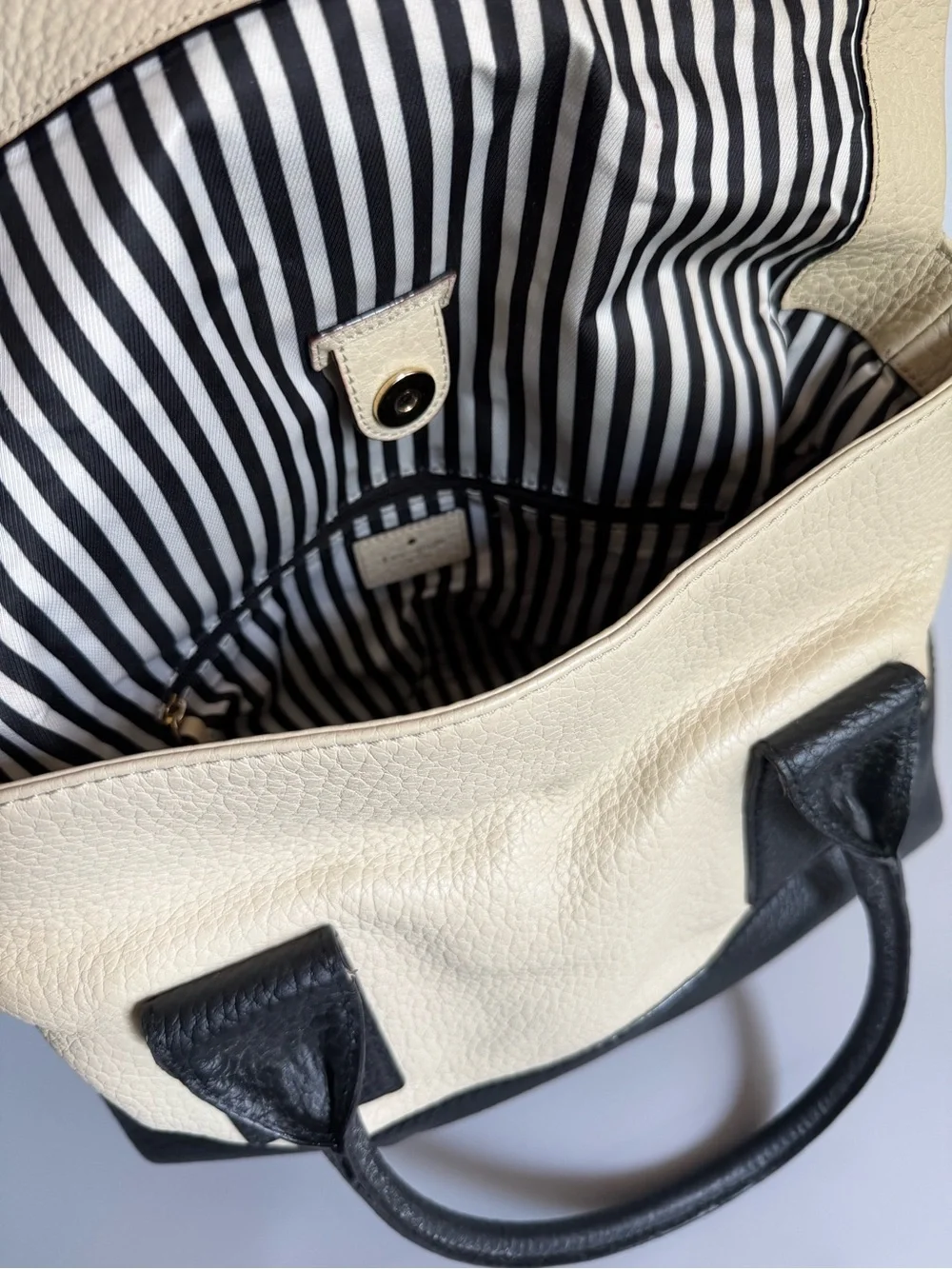 kate spade Cream and Black Pebbled Leather Satchel with Tassel
